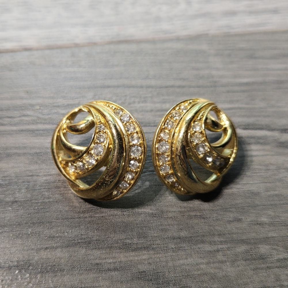 Vintage Elegant Gold and Rhinestone Swirl Earrings - Picture 2 of 5